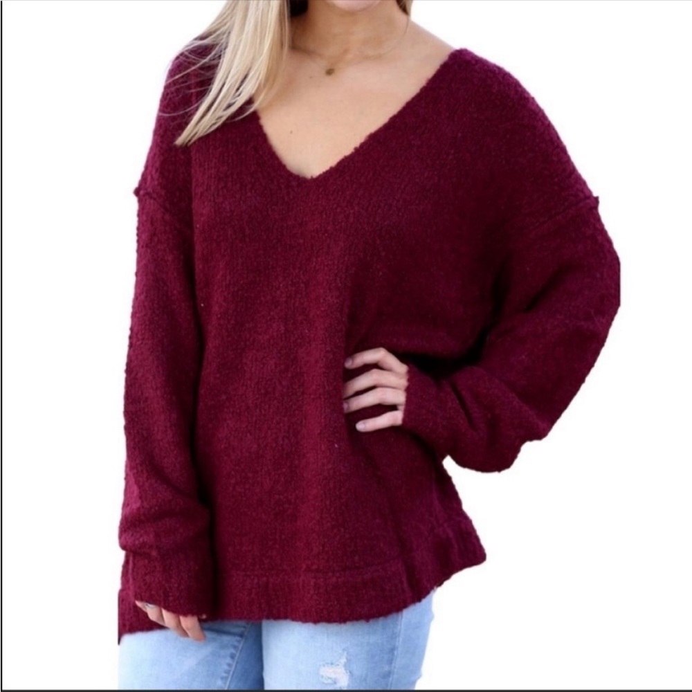Free People V-Neck Slouchy Sweater in Burgundy